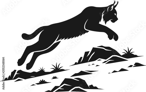 Quadro su tela Lynx jumping silhouette vector, wild bobcat leaping over mountain rocks, black a