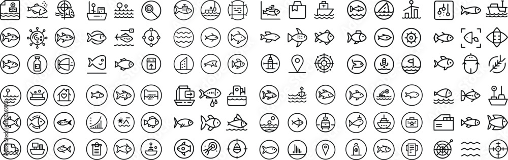 Fototapeta premium A collection of minimalist line icons depicts various aspects of fishing and aquatic life, arranged in a grid formation on a white background.