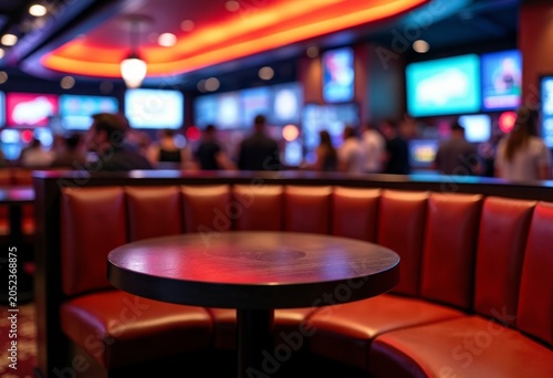 Interior of a modern casino lounge featuring a round wooden table and red leather seating, illuminated by colorful lights and multiple screens in the background