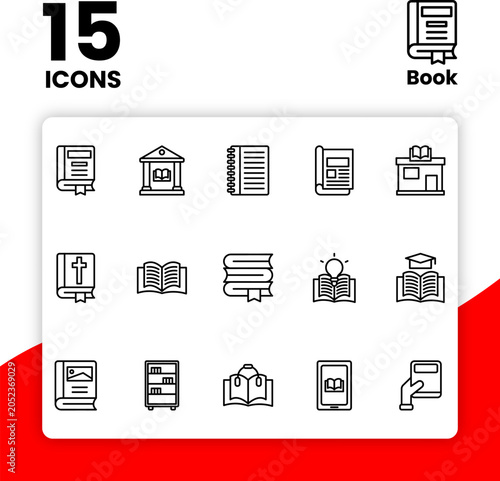15 Book Line Icons Pack with Library Education Reading and Digital Book Symbols