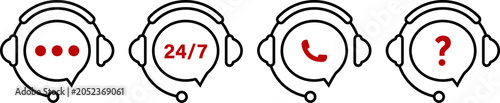24/7 Customer Service Headset Icons Set with Chat Phone and Help Symbols