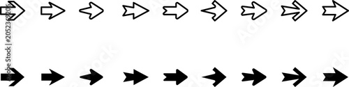 Arrow Line and Fill Icons Set with Outline and Solid Right Pointing Arrows in Black