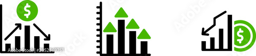 Money Graph Icons Set with Dollar Sign Bar Chart and Finance Growth Symbols in Green and Black
