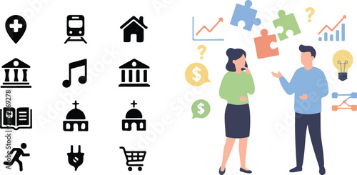 Foto Man and woman planning corporate urban project strategy surrounded by puzzle pieces financial charts creative ideas and minimalist municipal location symbols