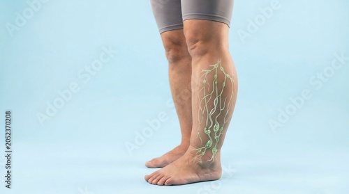 Medical illustration of the human lymphatic system in the lower limb showing lymph nodes and vessels on a person's leg