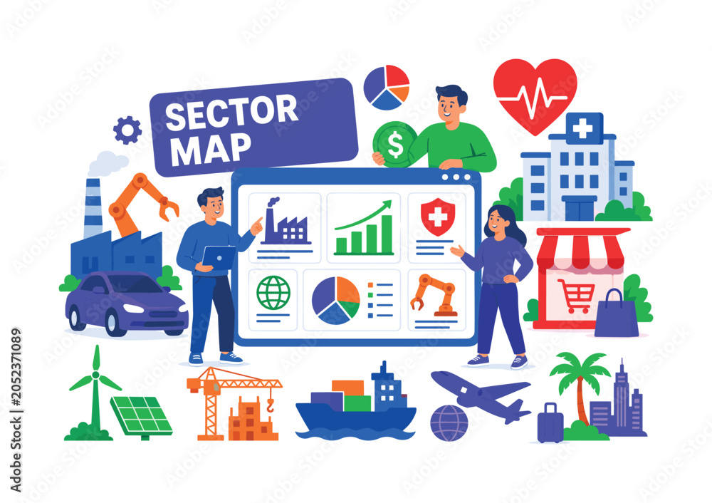 Naklejka premium Industry Mega Collection banner, lively business sectors scene with 3 expressive stylized human characters interacting with oversized technology-finance board and giant industry dashboard, healthcare