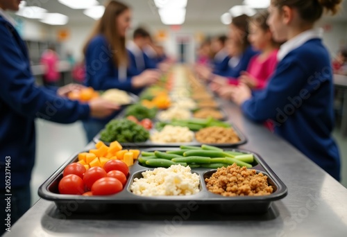 Students in blue uniforms serve healthy food from trays in a school cafeteria, featuring a variety of vegetables, grains, and proteins arranged neatly on the table