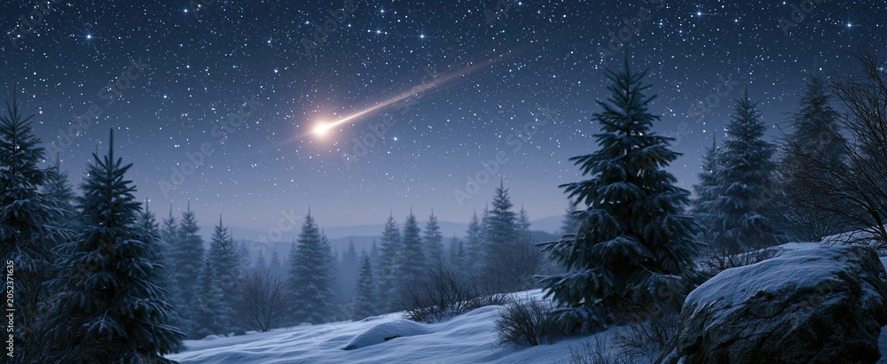 Fototapeta premium A warm holiday scene featuring snowy woods, sparkling stars, and a bright meteor streaking across the sky.