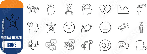 Emotional distress and mental health icons. heart icon set, head icon set, emoticon icon set