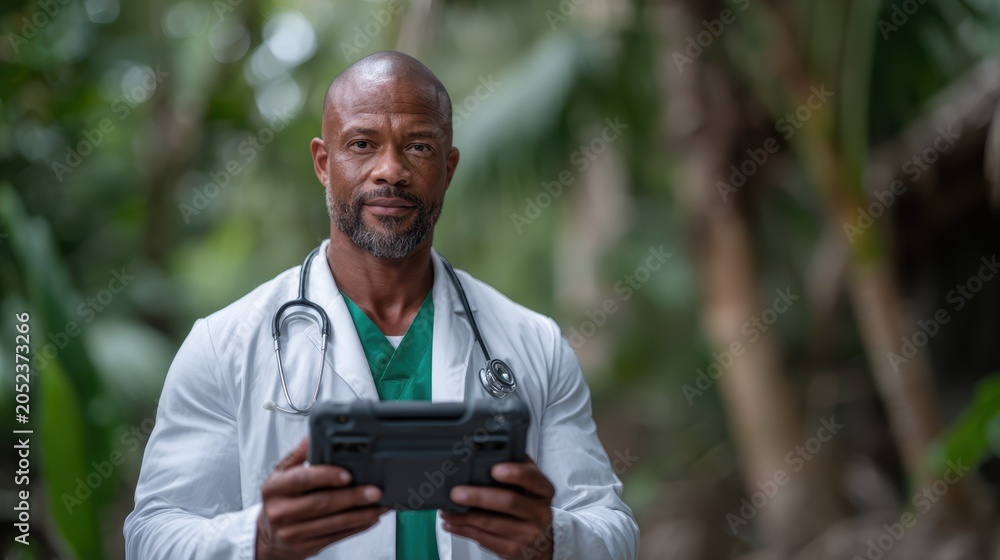Fototapeta premium A confident physician, adorned in a white coat and stethoscope, stands in a lush natural setting, holding a tablet device, symbolizing the fusion of healthcare and technology in nature.