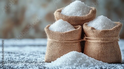 Three burlap sacks filled with white granulated salt on a rustic wooden surface.