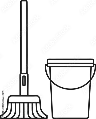 Bild auf Leinwand mop with string head and bucket line art vector illustration on transparent back