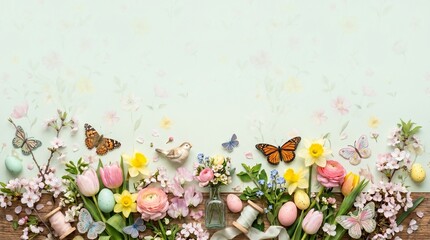 Easter Spring Flowers and Butterflies Background – Pastel Tulips, Daffodils, and Colored Eggs Flat Lay Copyspace