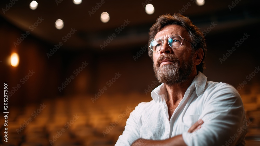 Obraz premium An introspective man wearing glasses stands in a theater setting, evoking feelings of contemplation and inspiration, ideal for themes of art and performance in human experiences.