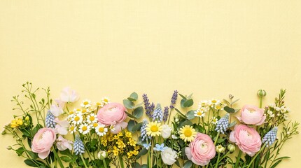 Spring Wildflowers Border with Pink Ranunculus and Daisies on Pastel Yellow Background Panoramic Floral Flat Lay Banner