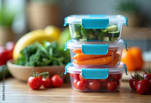 Stack of transparent food storage containers filled with fresh vegetables including broccoli, carrots, and cherry tomatoes on a wooden kitchen countertop with assorted fruits in the background