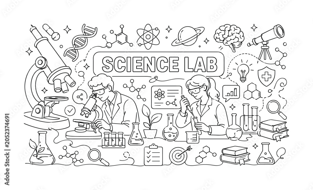 Obraz premium Science Research Collection. Clean one-line drawing banner composition showing oversized science lab table with genetics, chemistry, astronomy, logic, psychology, and medicine symbols spanning every