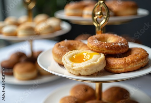 Assorted pastries including donuts and cream-filled treats displayed on a tiered serving stand at a cafe, with blurred background elements enhancing the presentation