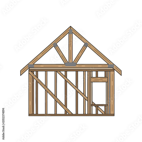 A simple illustration of a wooden house frame structure on a white background