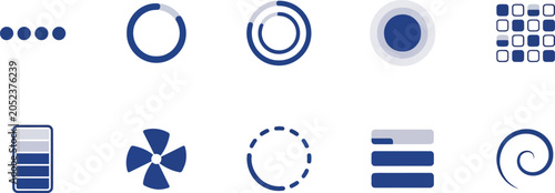 Professional collection of diverse loading graphic elements and interface progress indicators for digital applications. Vector Illustration