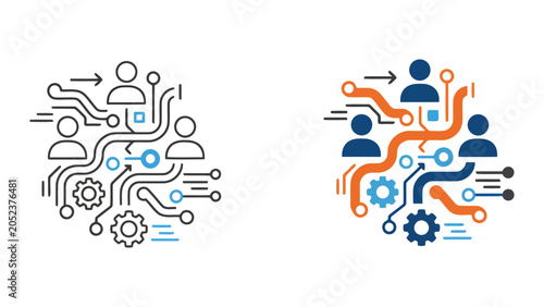 Digital transformation and network connectivity icon set depicting people connected by complex circuits and workflow gears for technical process integration and modern industry