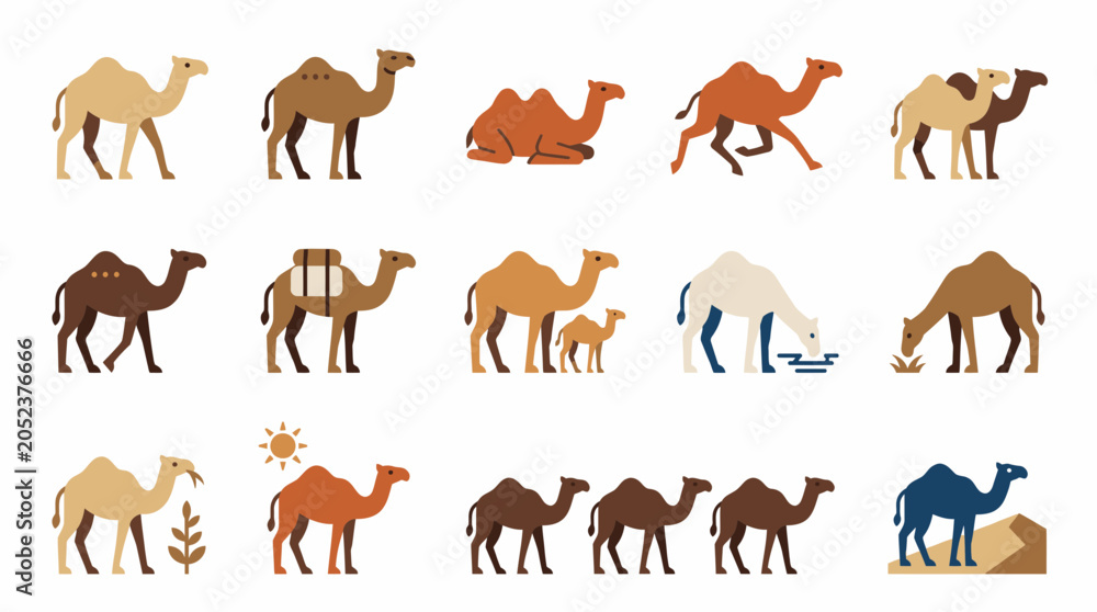Obraz premium Set of flat camel icons showing various desert animal poses and activity
