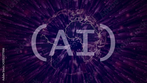 AI text overlay on glowing digital earth animation animated motion graphics background