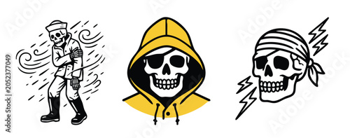 Foto Set of Three Skull Illustrations with Unique Designs and Accessories