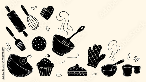 Quadro su tela Flat vector wide baking banner with playful scattered pastry tools and delicate
