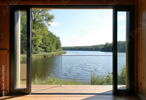 Modern wooden interior with large sliding glass doors opening to a serene river view surrounded by lush green trees and a clear blue sky
