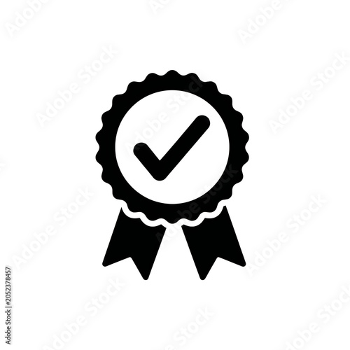Black checkmark ribbon badge with approval symbol