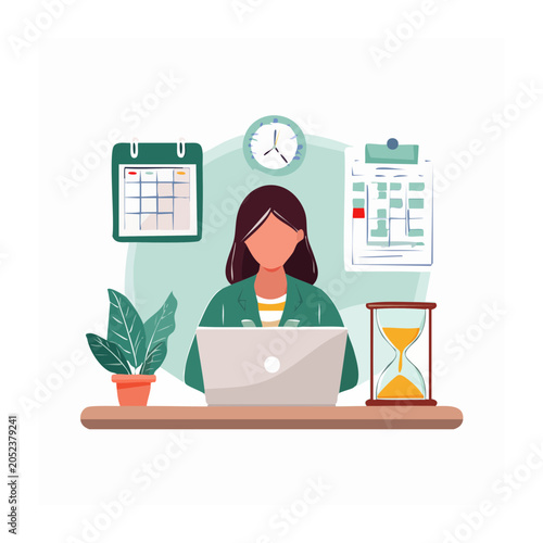 Woman working on laptop with calendar and hourglass