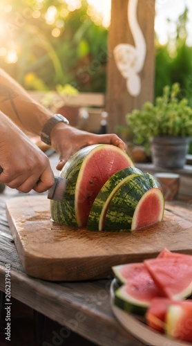 Hands cutting fresh ripe watermelon on wooden board outdoors at sunset