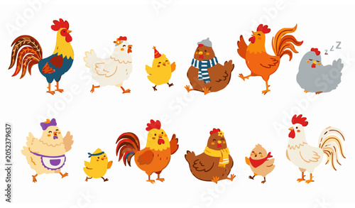 Funny chicken character vector bundle with colorful hens roosters and baby chicks isolated on white