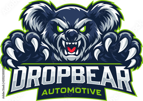 Dropbear Automotive Esports Mascot Logo with Aggressive Koala Bear Character and Modern Sports Badge Design