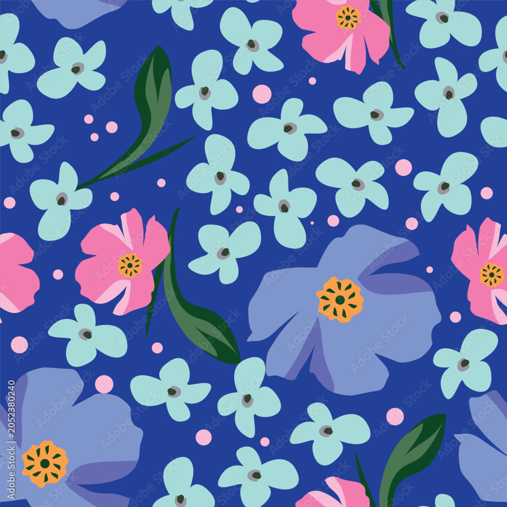 Fototapeta premium Seamless floral pattern, cute ditsy print with small pink flowers, leaves on purple background. Pretty botanical design for fabric, paper and other surfaces. Vector illustration.
