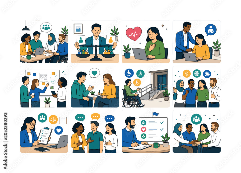 Fototapeta premium Inclusive Workplace Culture. Diversity, employee well-being, equity, leadership, team collaboration, business culture, belonging, and inclusive management. 12 minimalist editorial vector scenes: