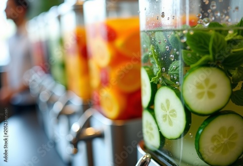 Refreshing beverage dispensers filled with infused water featuring cucumber and mint, alongside colorful fruit-infused drinks in a modern cafe setting