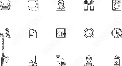 Foto Housekeeping Staff and Domestic Chores Line Art Icon Set Featuring Maids, Window