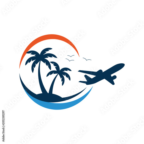 Airplane Travel Logo with Palm Trees, Wave Horizon, Orange Blue Swoosh, and Clear Sky Icons in Vector Style