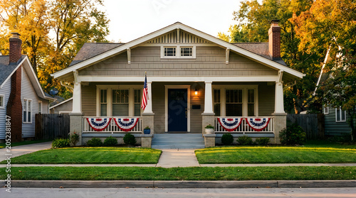 Craftsman-style suburban house decorated for the festive Fourth of July American holiday