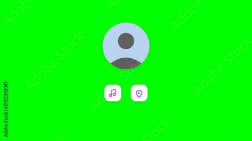 User Profile Interface Animation with Music and Location Icons on Green Screen