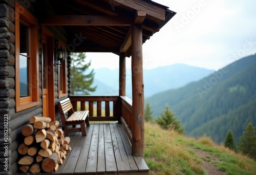 Wooden cabin porch with a bench and stacked firewood overlooking a mountainous landscape with lush green trees and rolling hills in the background