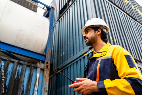 Industrial worker in a hard hat uses a radio beside stacked shipping containers at a port, overseeing freight handling and safety