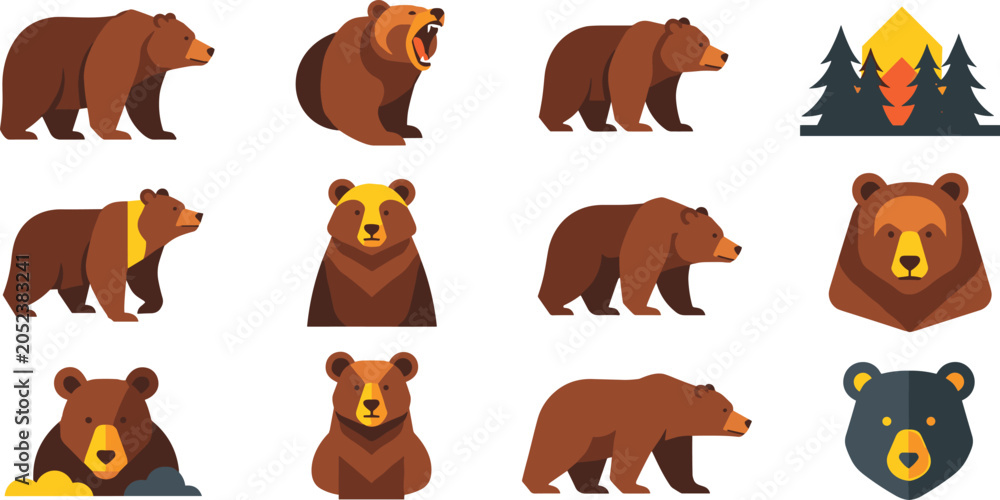 Fototapeta premium Bear Wildlife Animal and Forest Nature Collection Vector Set Isolated on White Background