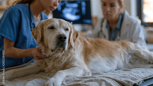Veterinary sonographer pressing an ultrasound probe against the abdomen of a sedated mixed-breed dog on a padded table, technician and vet both studying the monitor image