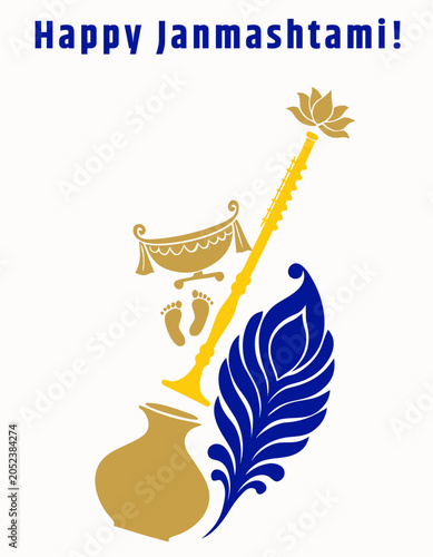 Vászonkép Bold flat vertical Janmashtami: divine child triumph, devotional patterns, cream