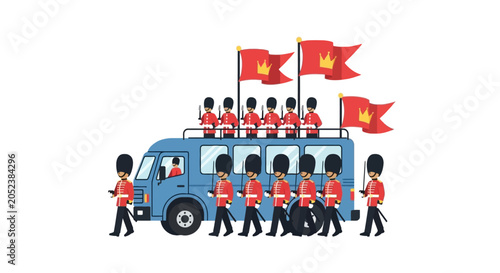 Картината върху платно Royal guards parade with blue van and red flags