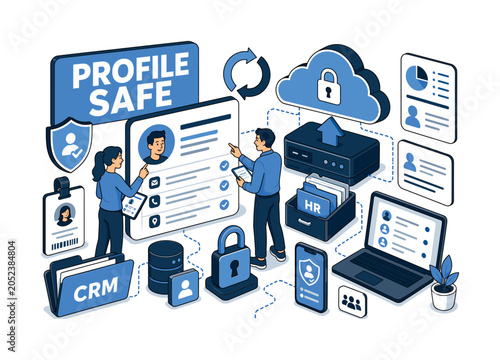Identity Data Management Identity data management banner with isometric digital profile security scene, two office users managing oversized user profile card and giant cloud backup device filling edge