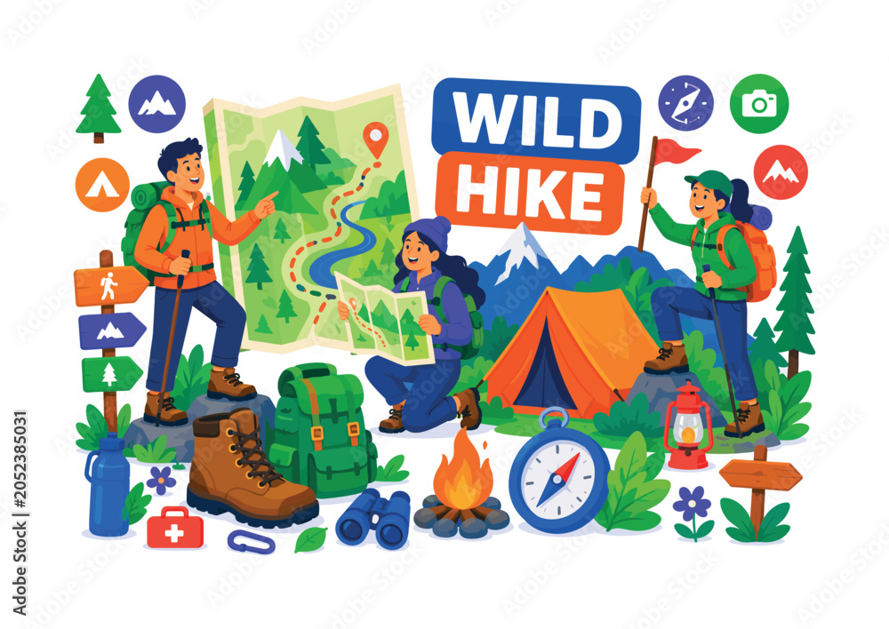 Fototapeta premium Adventure Camping Hike Modern adventure banner featuring 3 expressive stylized human characters interacting with an oversized mountain map and giant camping tent, hiking boot, backpack, compass,